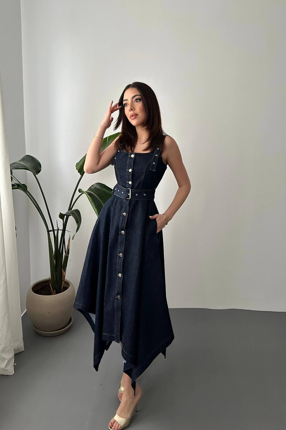 Wholesale Dark Navy Asymmetric Cut Denim Dress