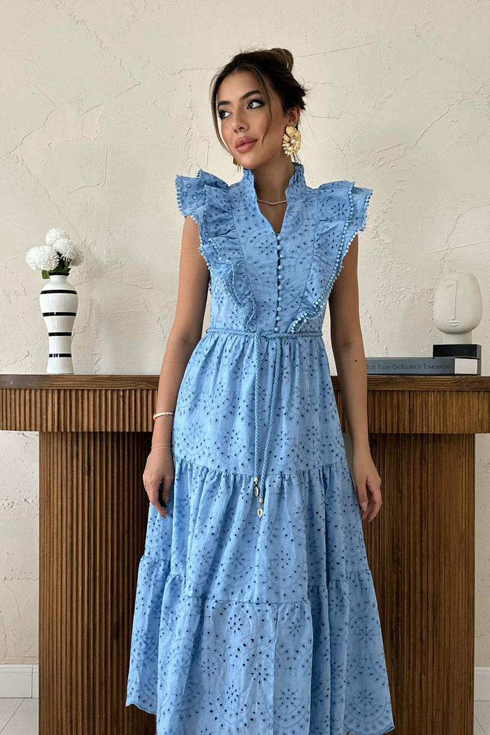 Wholesale Blue Ruffled Embroidered Dress