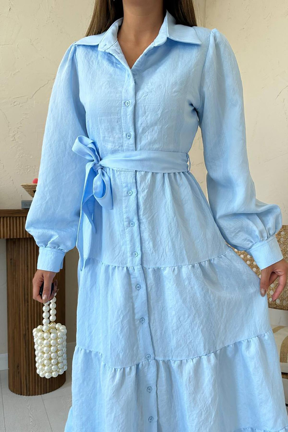 Wholesale Light Blue Striped Dress with Matching Belt
