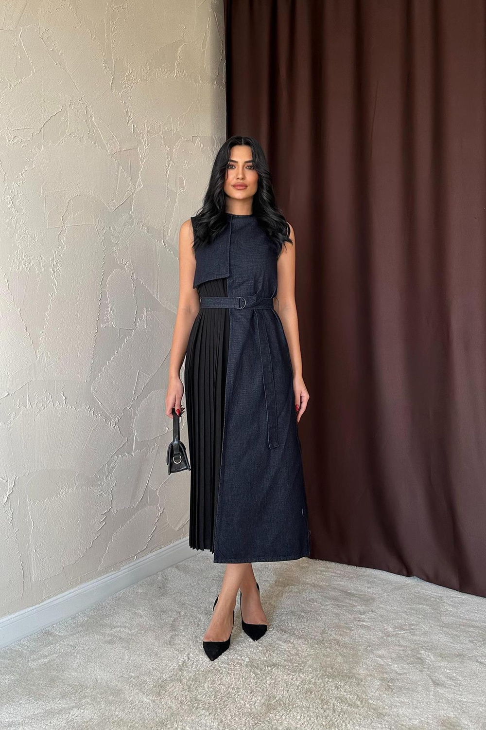 Wholesale Dark Navy Pleated Denim Dress