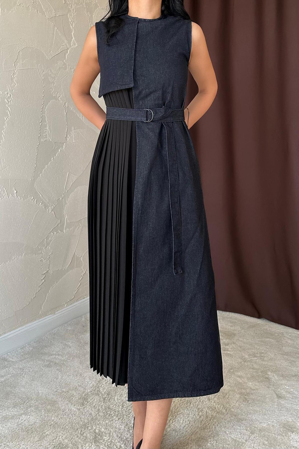 Wholesale Dark Navy Pleated Denim Dress