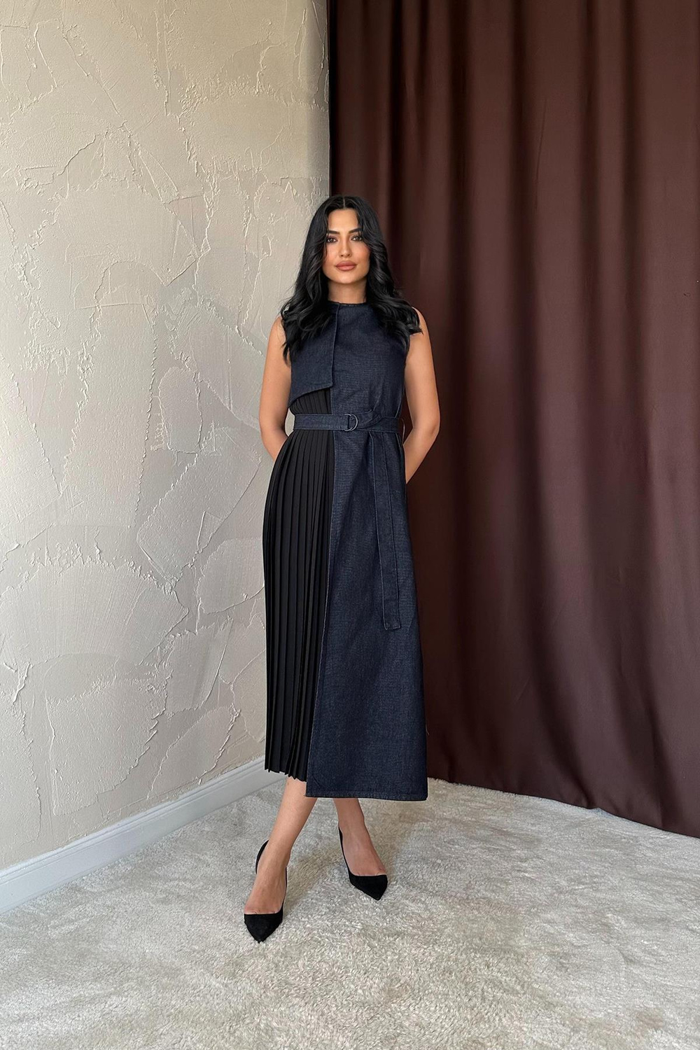 Wholesale Dark Navy Pleated Denim Dress