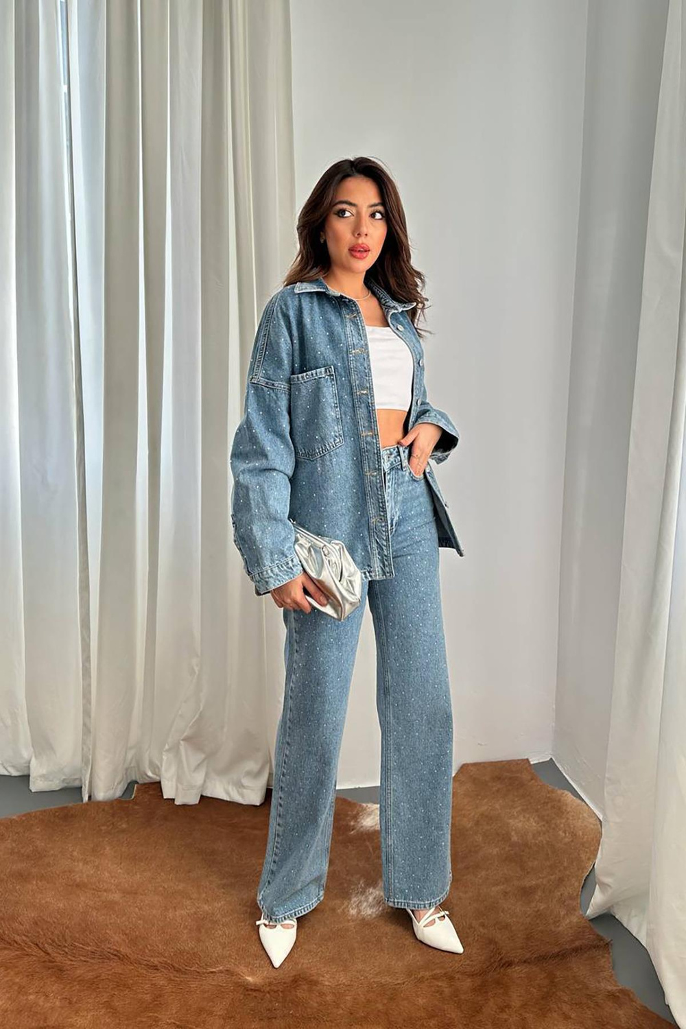 Wholesale Blue Rhinestone-Embellished Denim Shirt and Pants Set