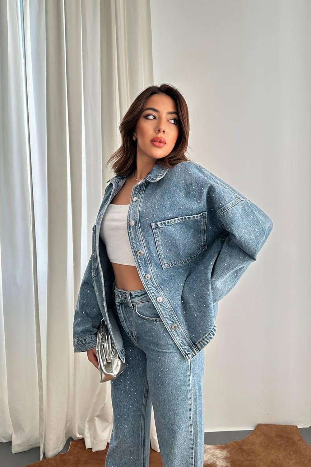 Wholesale Blue Rhinestone-Embellished Denim Shirt and Pants Set