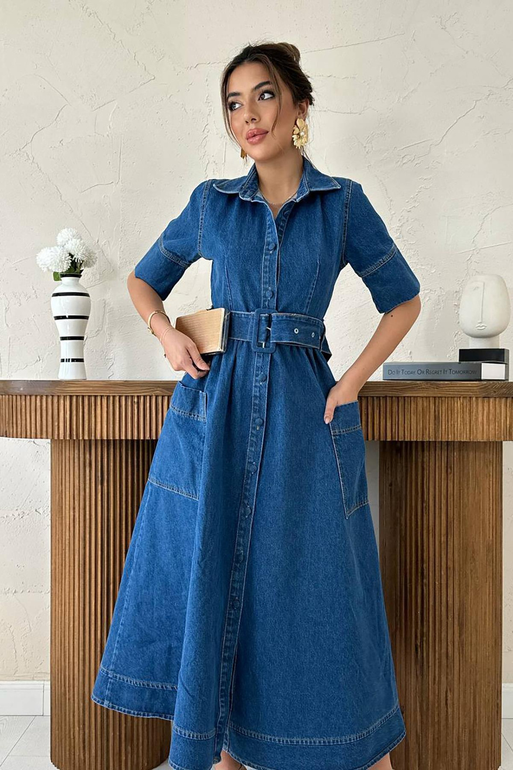 Wholesale Blue Denim Dress with Side Pockets