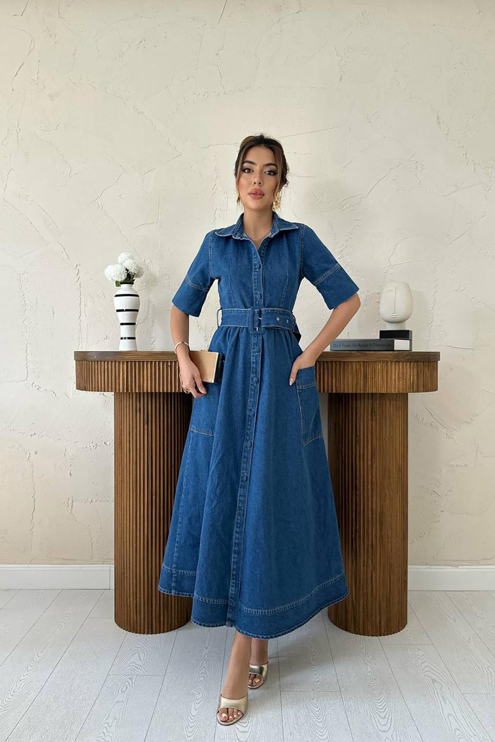 Wholesale Blue Denim Dress with Side Pockets