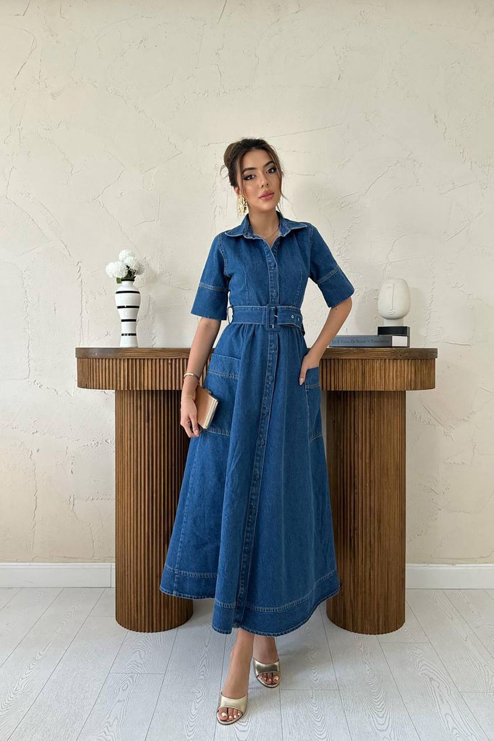 Wholesale Blue Denim Dress with Side Pockets