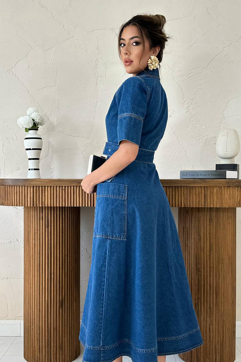 Wholesale Blue Denim Dress with Side Pockets