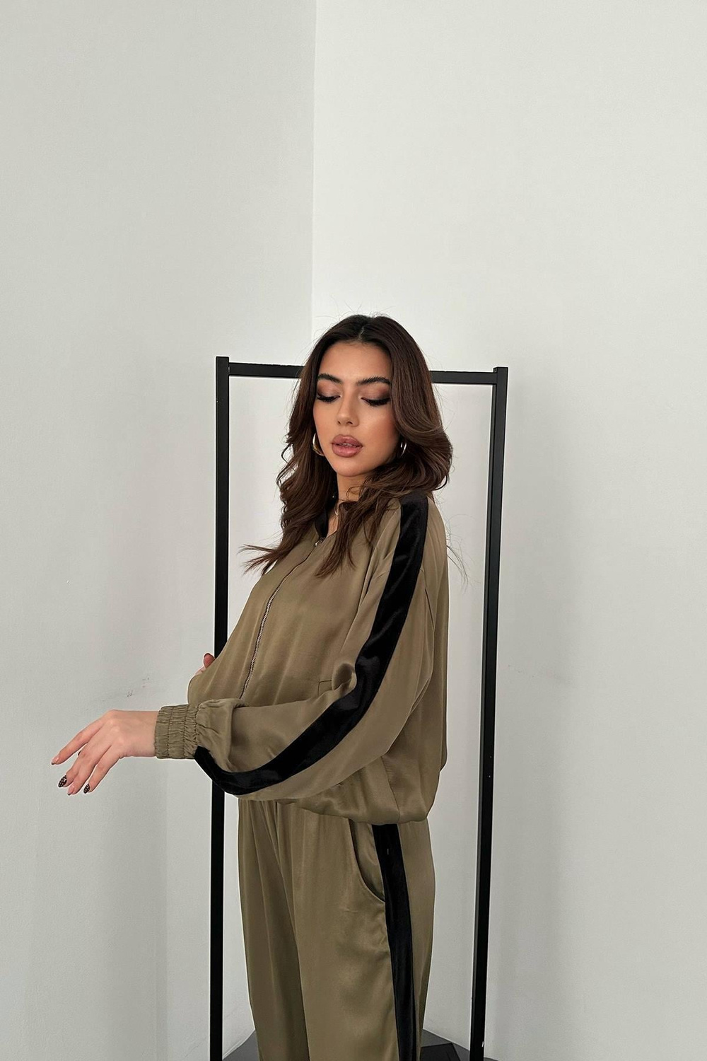 Wholesale Mint Satin Tracksuit Set with Velvet Side Stripes