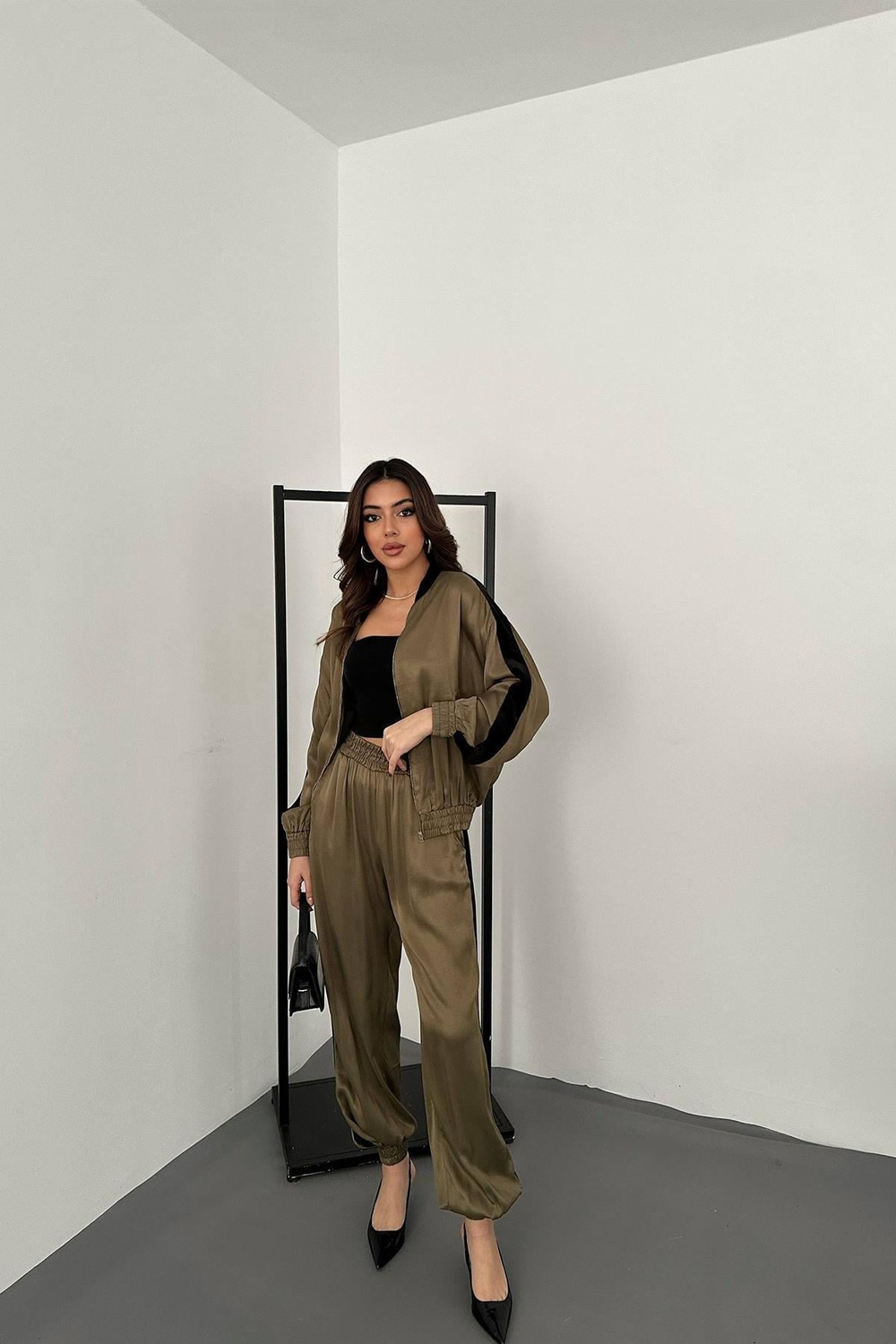 Wholesale Mint Satin Tracksuit Set with Velvet Side Stripes