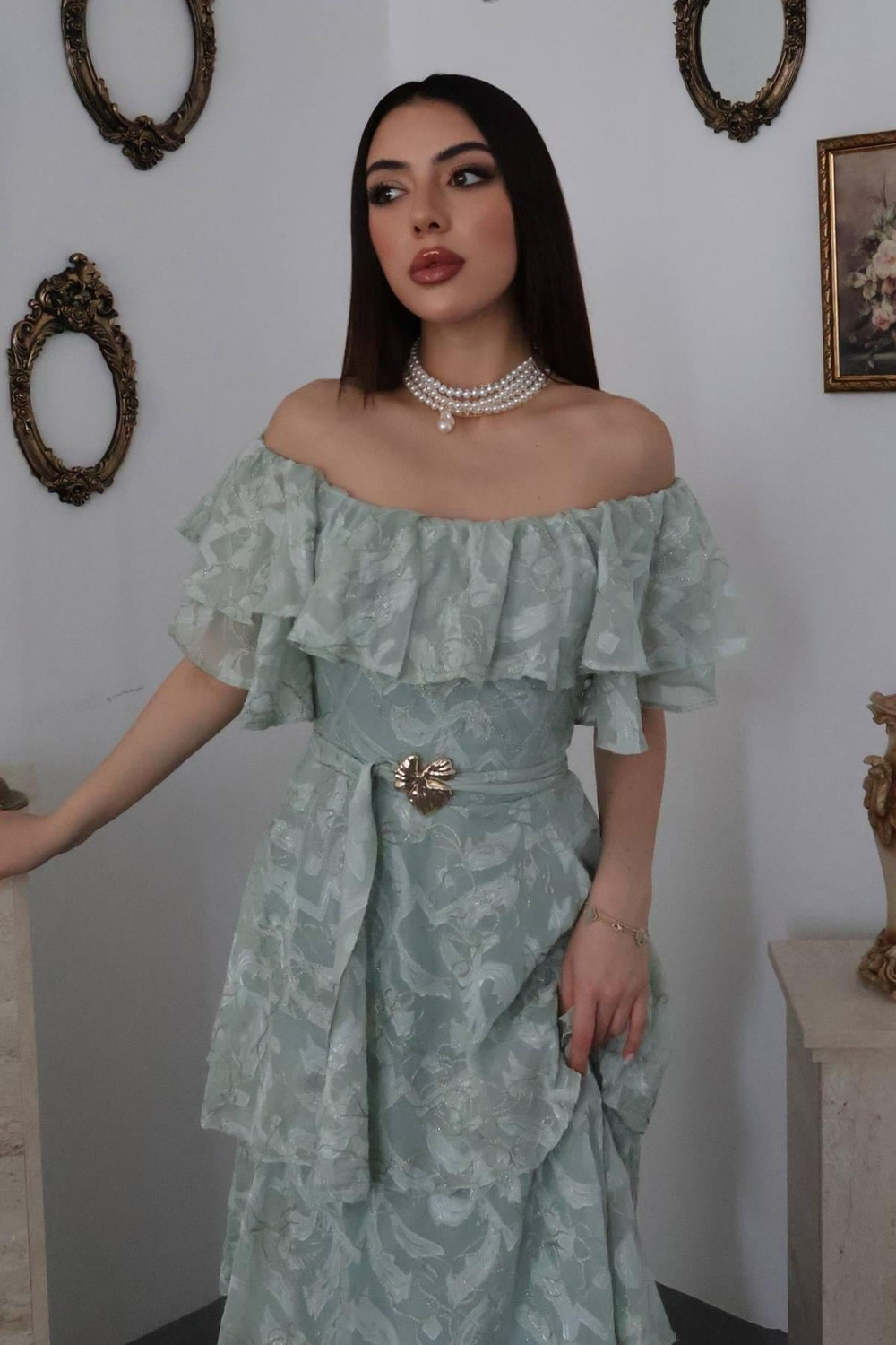 Mint Kat Kat Fırfırlı Elbise