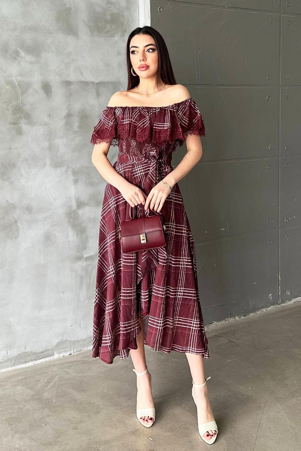 Wholesale Plum Plaid Dress with Lace Trim