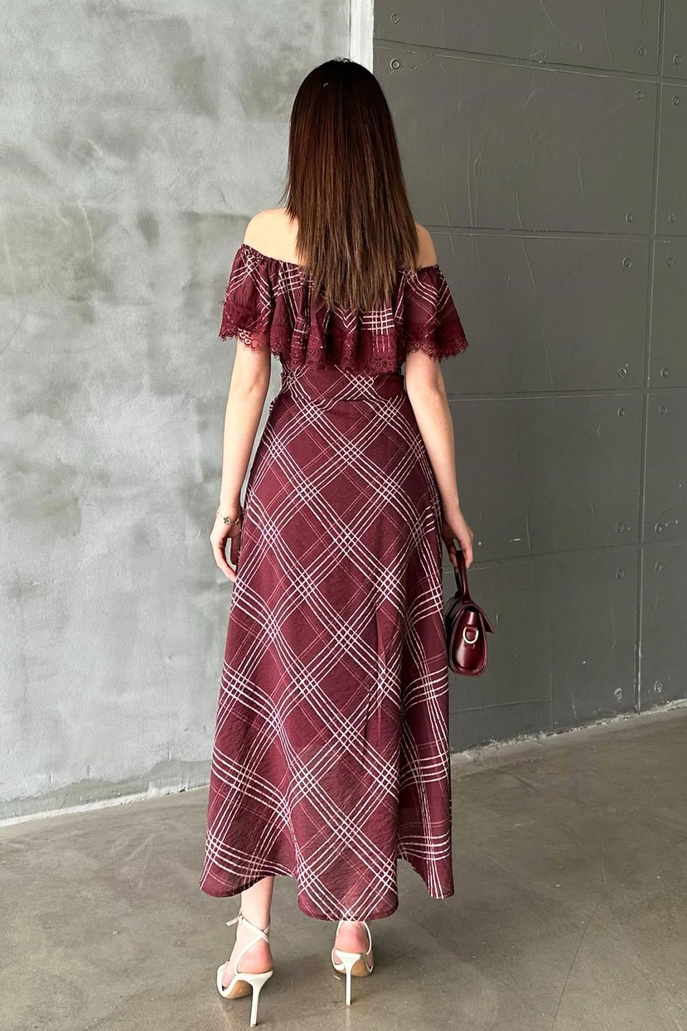 Wholesale Plum Plaid Dress with Lace Trim
