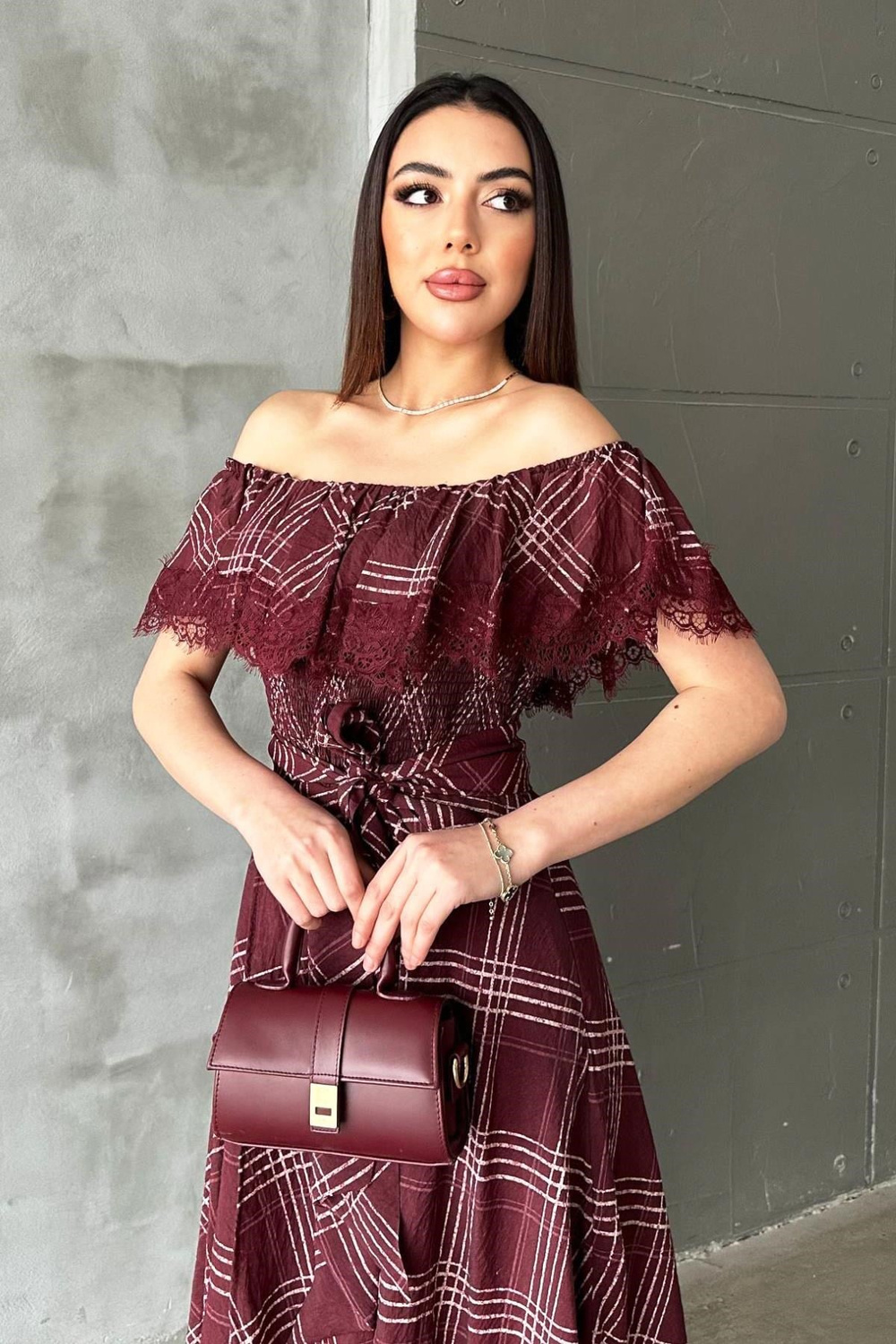 Wholesale Plum Plaid Dress with Lace Trim