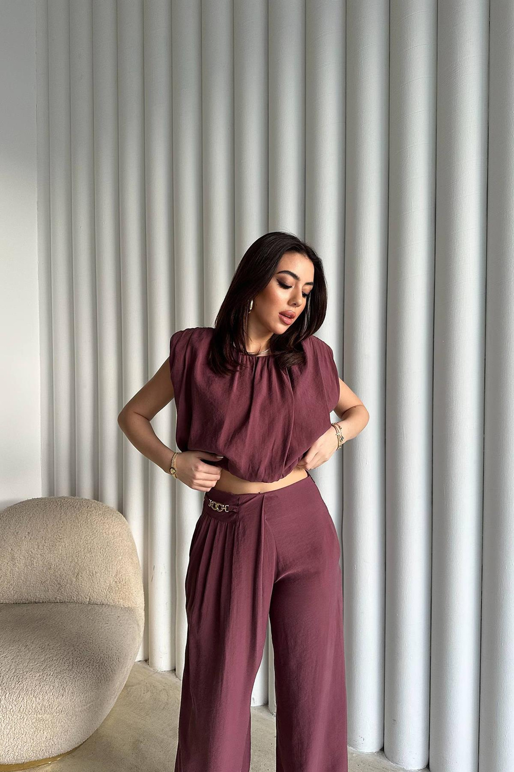 Toptan Mürdüm Modal Bluz Ve Pantolon Takım