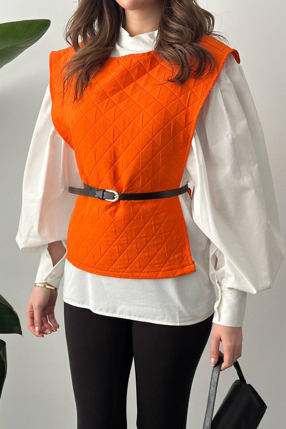 Wholesale Belted Shirt And Poncho Suit - Orange