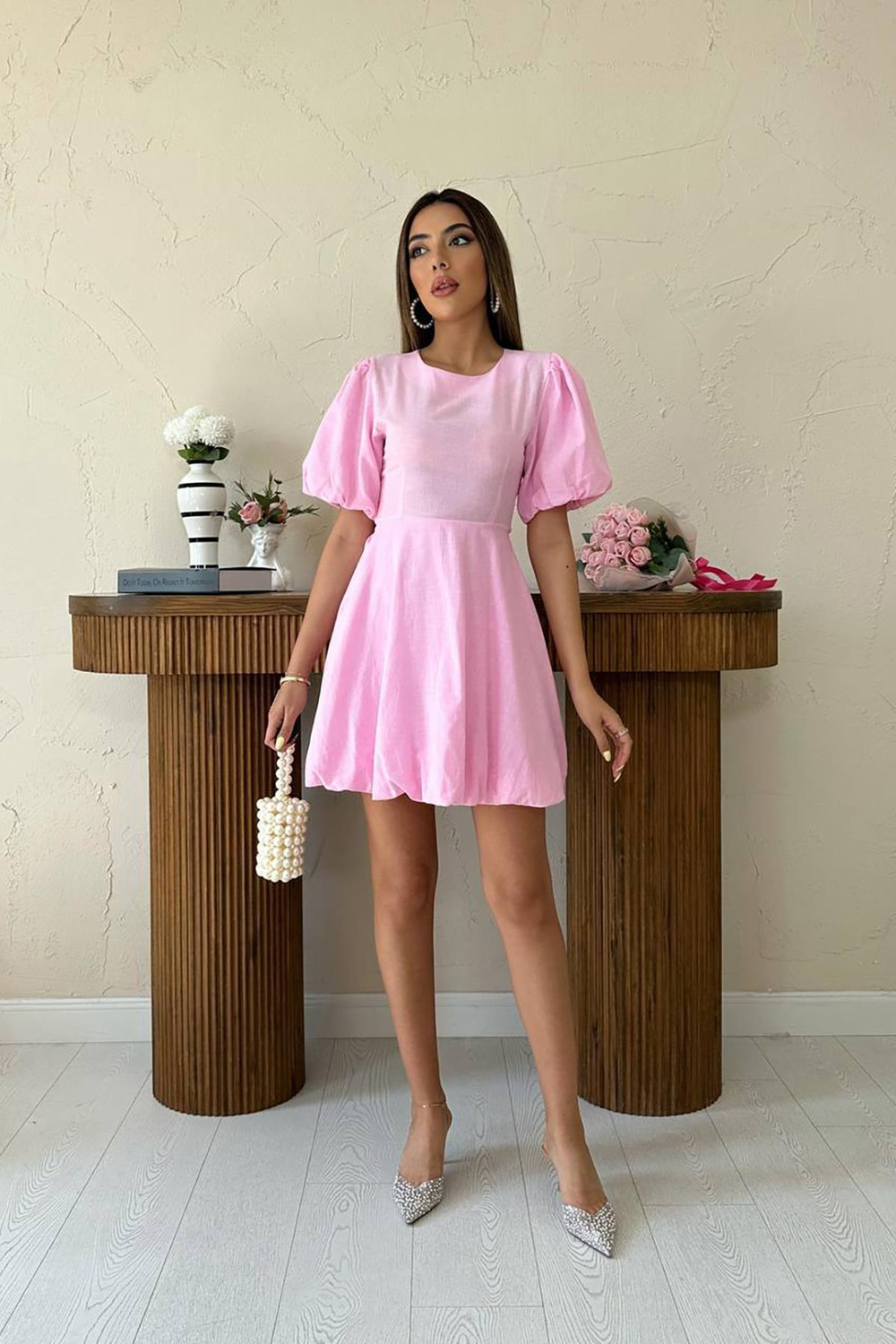 Wholesale Pink Back-Tie Linen Dress