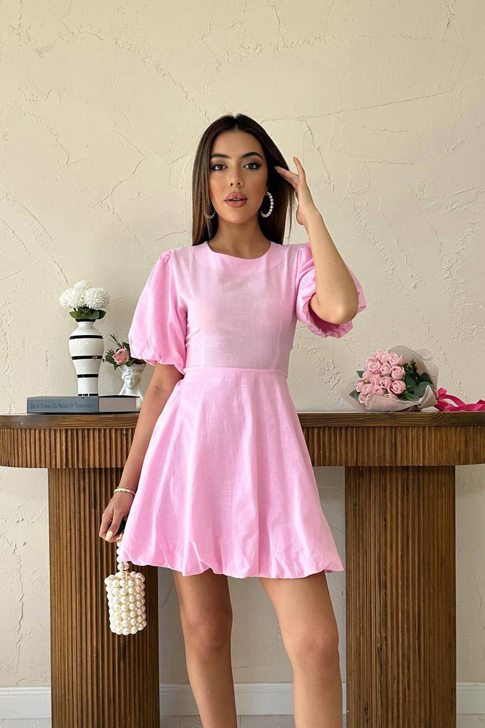 Wholesale Pink Back-Tie Linen Dress