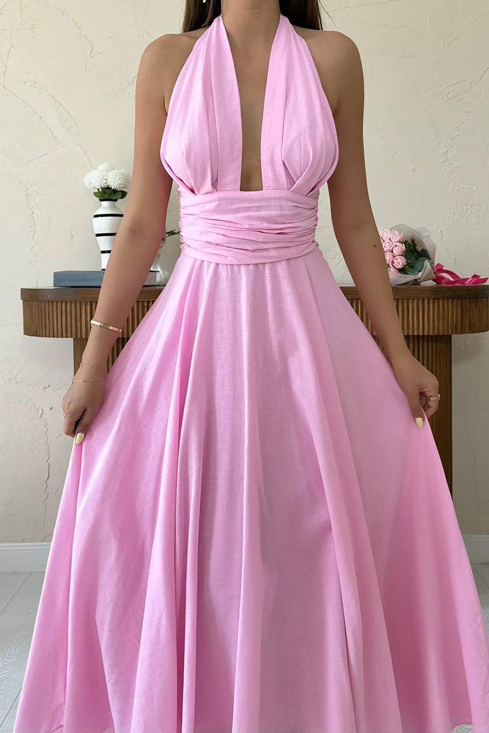 Wholesale Pink Halter-Neck Linen Dress