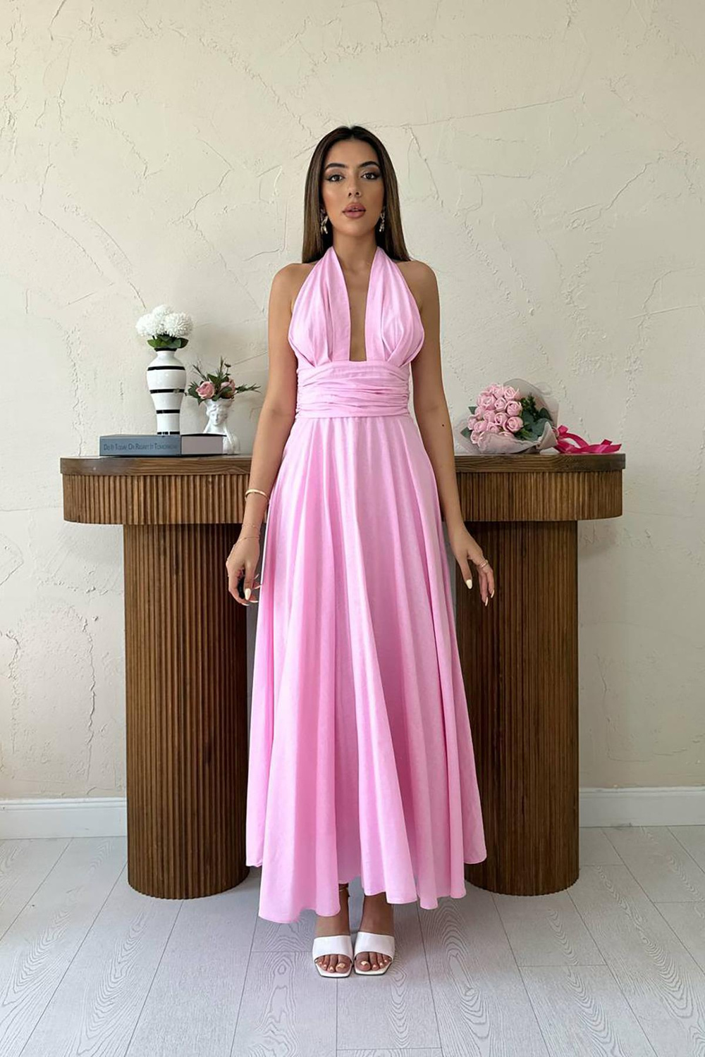 Wholesale Pink Halter-Neck Linen Dress