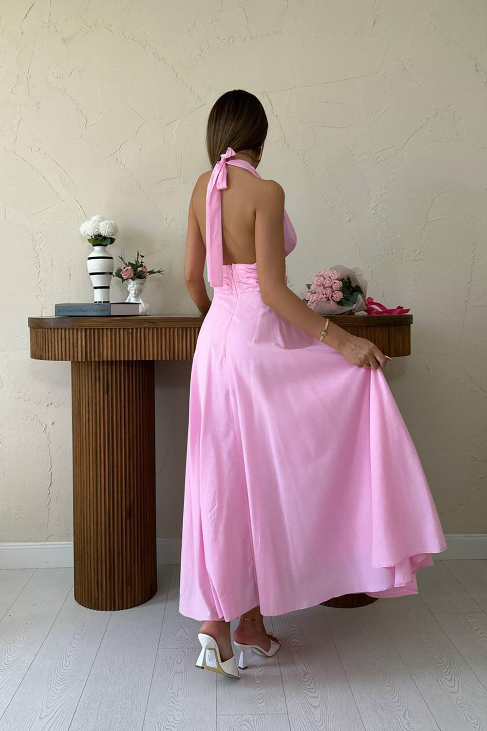 Wholesale Pink Halter-Neck Linen Dress