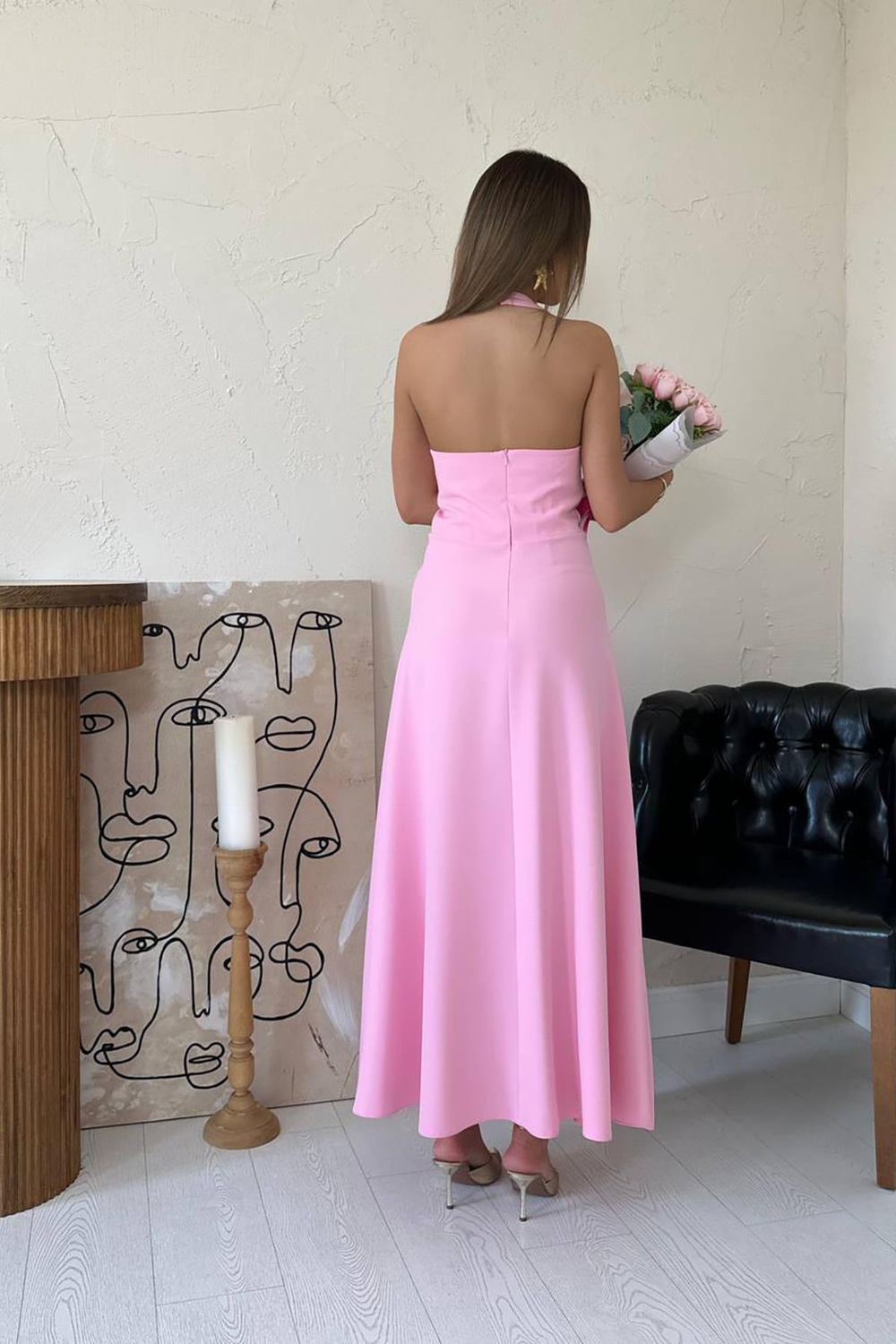 Toptan Pembe Atlas Göğüs Kuplu Elbise