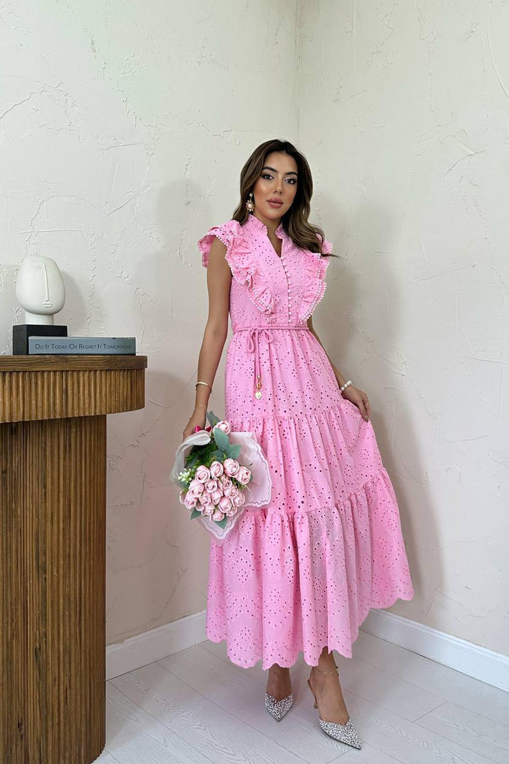 Wholesale Pink Ruffled Embroidered Dress
