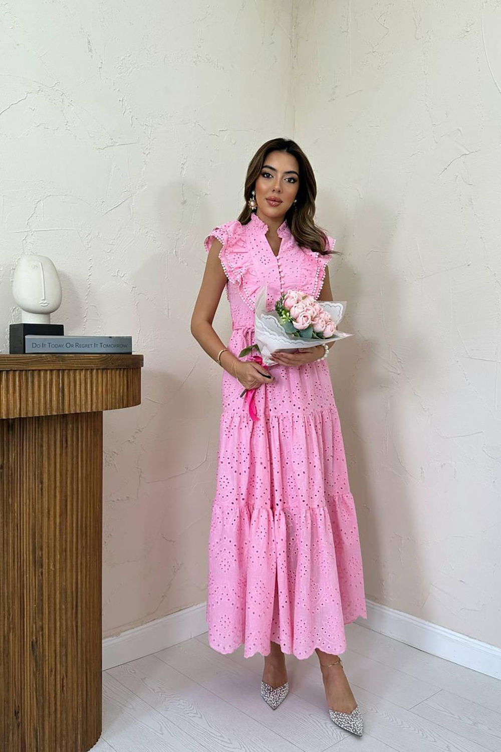 Wholesale Pink Ruffled Embroidered Dress