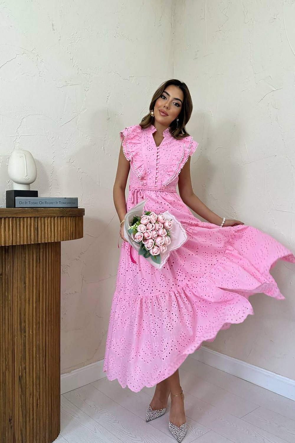 Wholesale Pink Ruffled Embroidered Dress