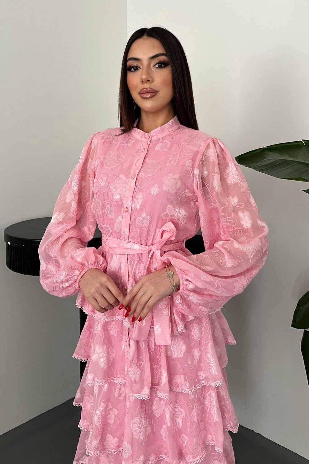 Wholesale Pink Layered Ruffled Dress
