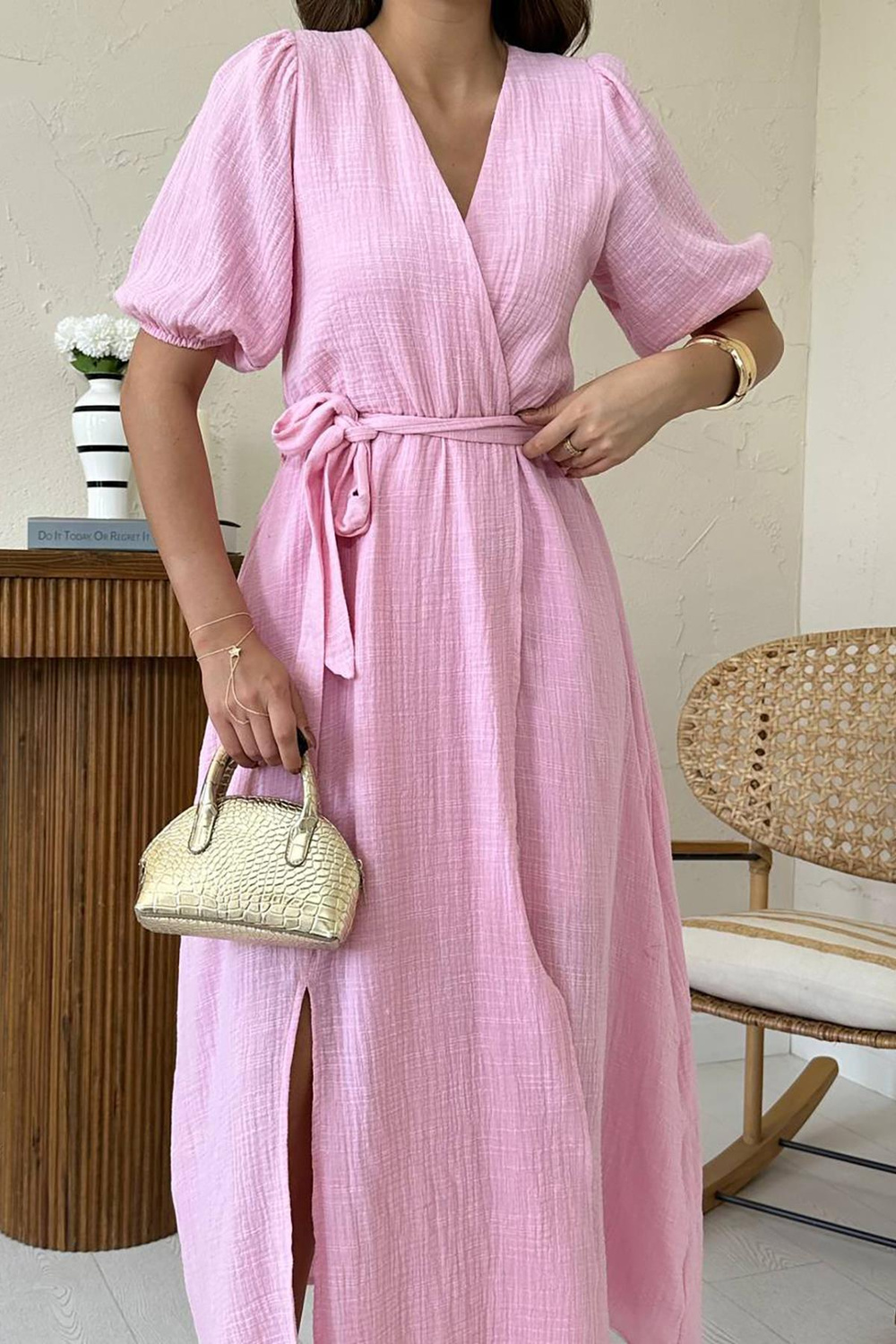 Wholesale Pink Double-Breasted Muslin Linen Dress