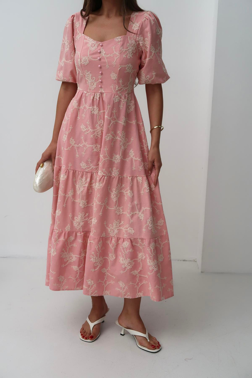 Wholesale Pink Balloon Sleeve Dress with Decorative Buttons