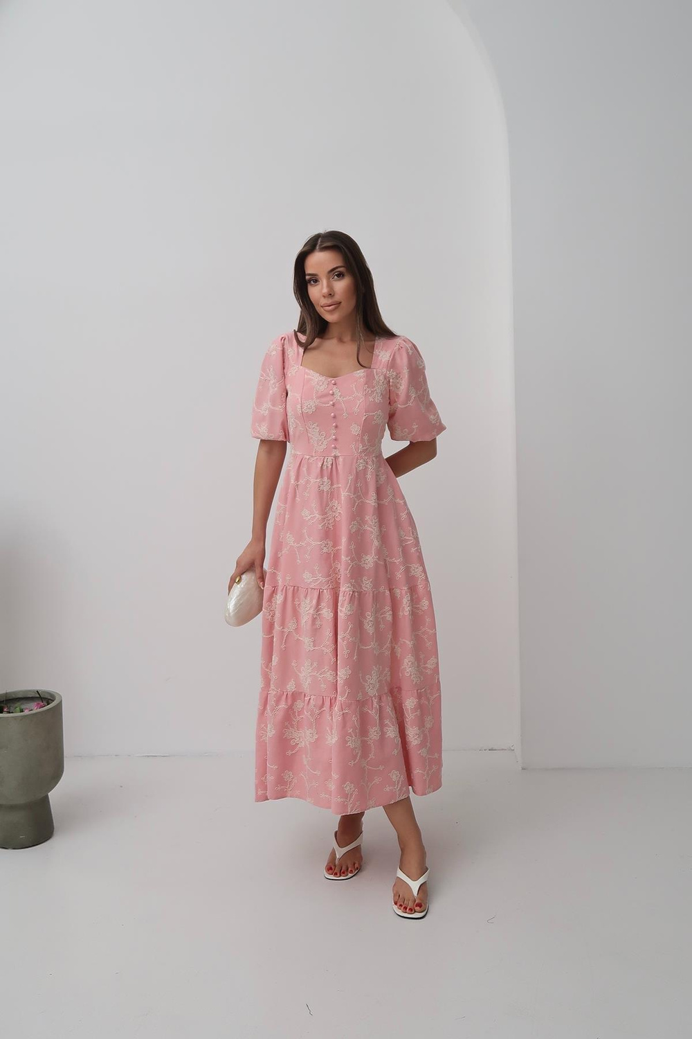 Wholesale Pink Balloon Sleeve Dress with Decorative Buttons