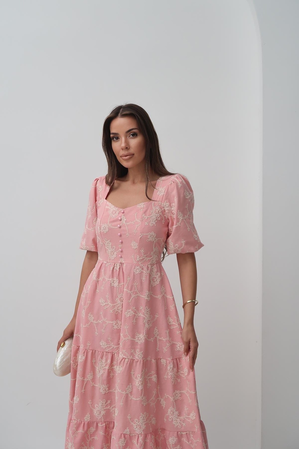 Wholesale Pink Balloon Sleeve Dress with Decorative Buttons
