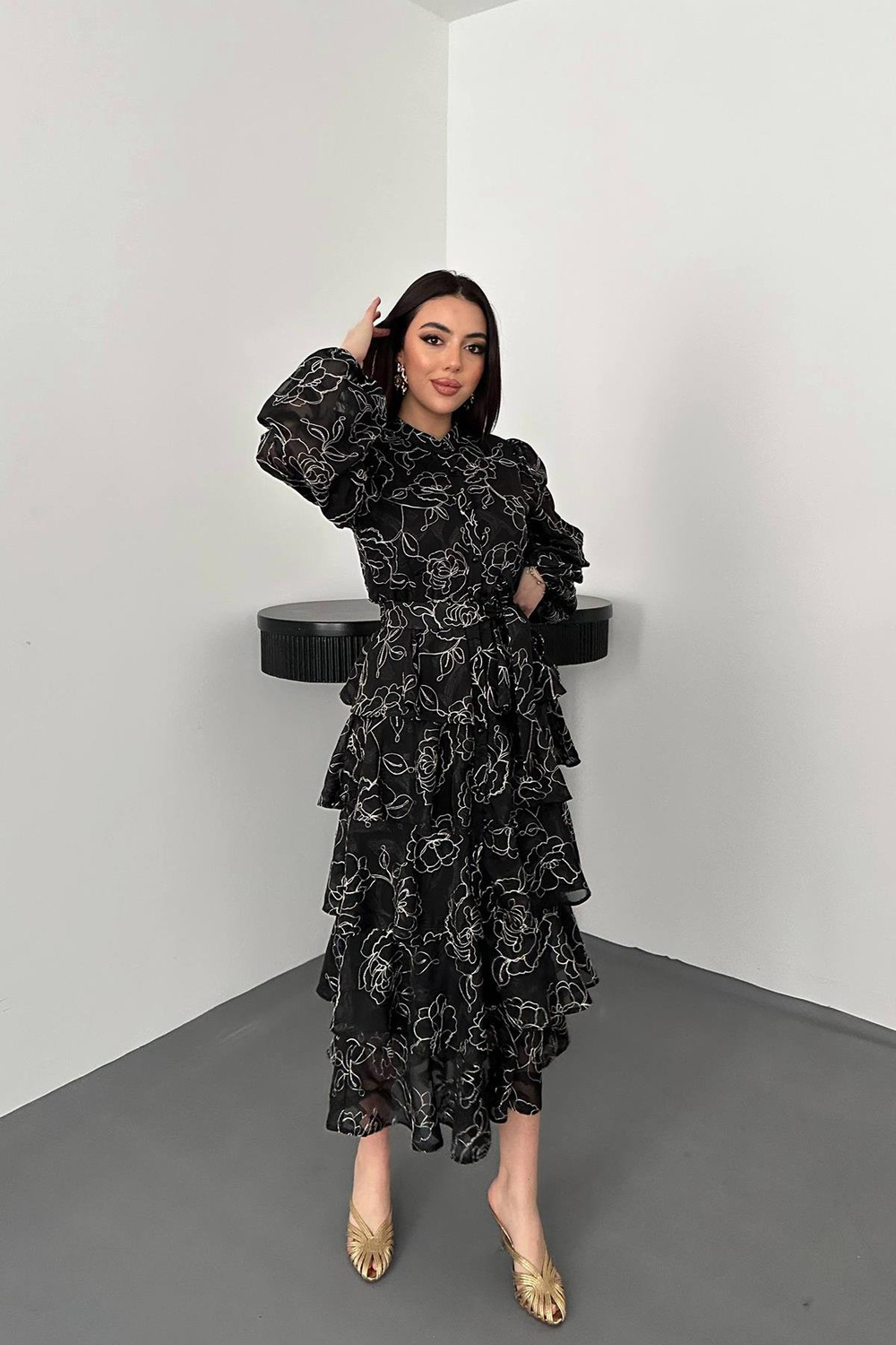 Wholesale Black Layered Jacquard Dress