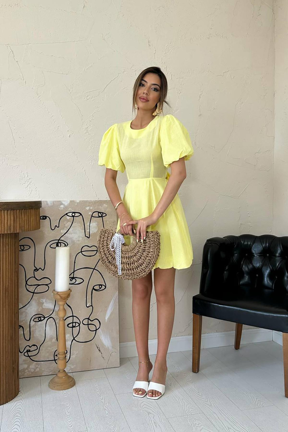 Wholesale Yellow Back-Tie Linen Dress