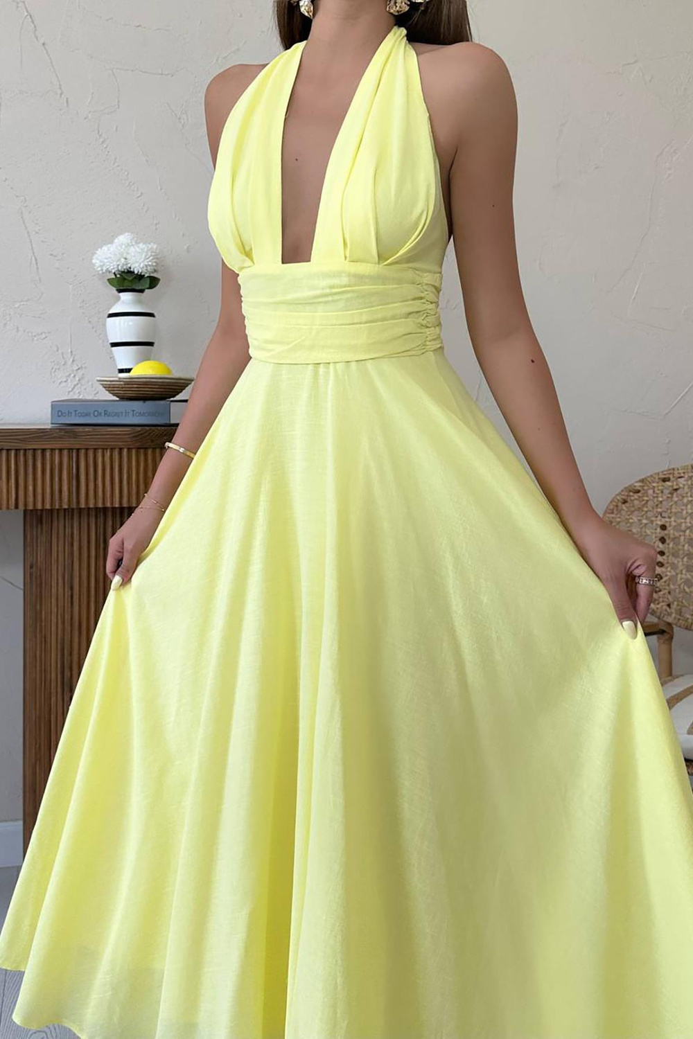 Wholesale Yellow Halter-Neck Linen Dress