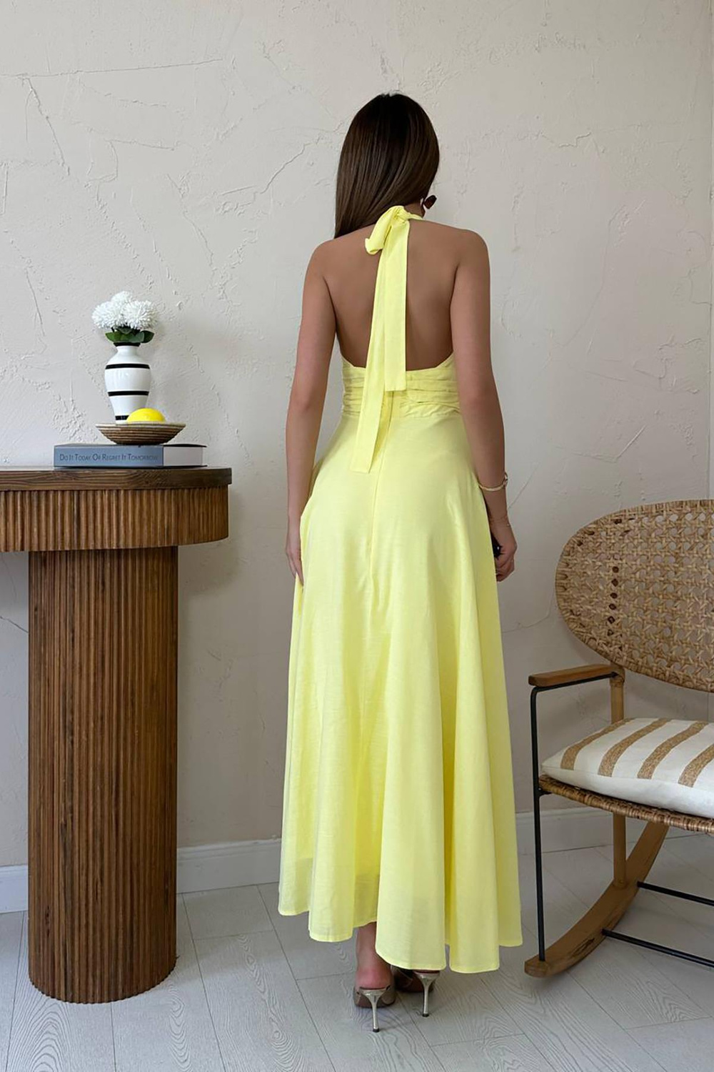Wholesale Yellow Halter-Neck Linen Dress