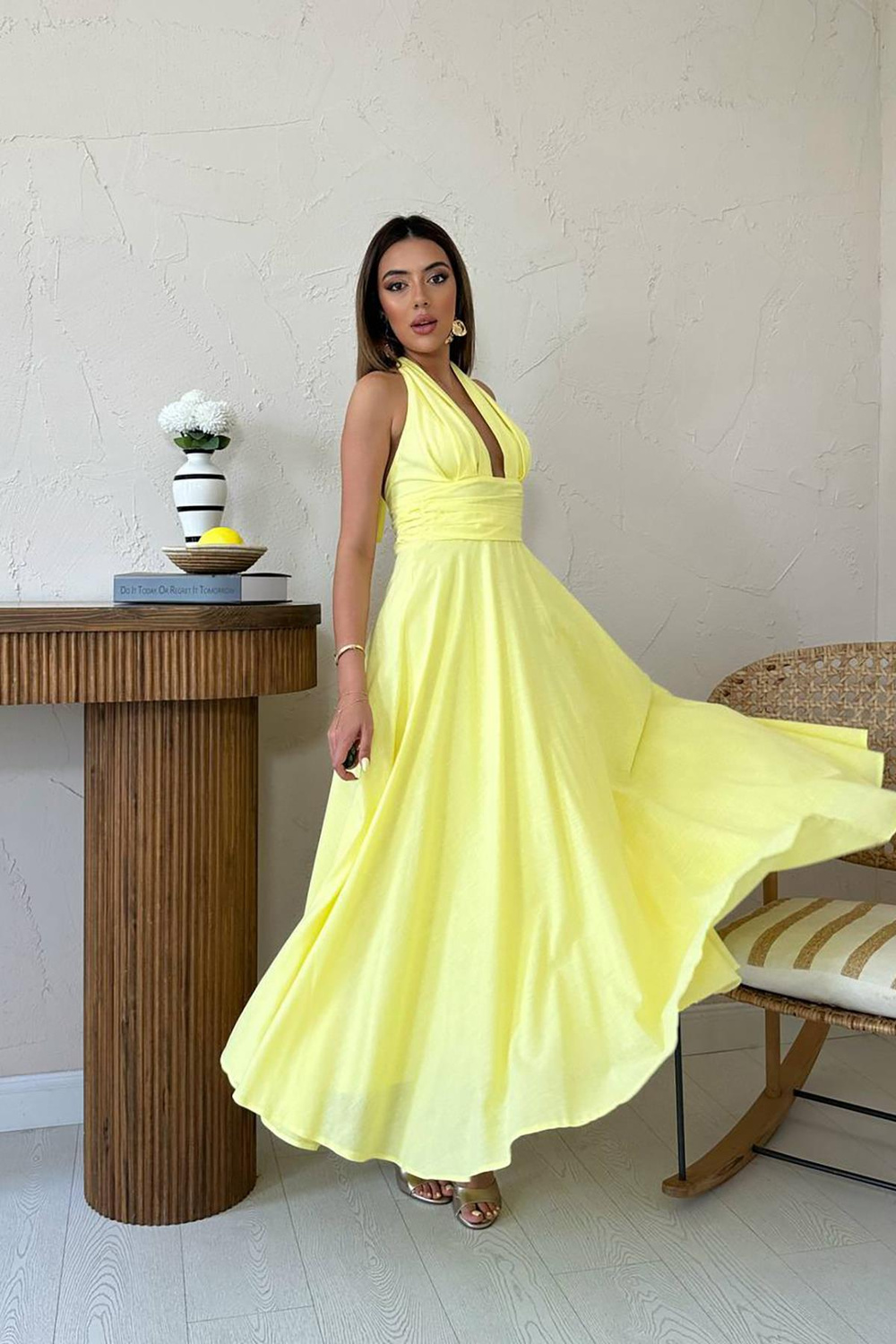 Wholesale Yellow Halter-Neck Linen Dress