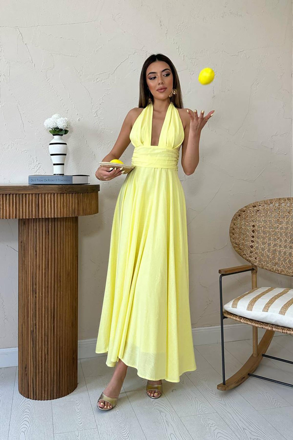 Wholesale Yellow Halter-Neck Linen Dress