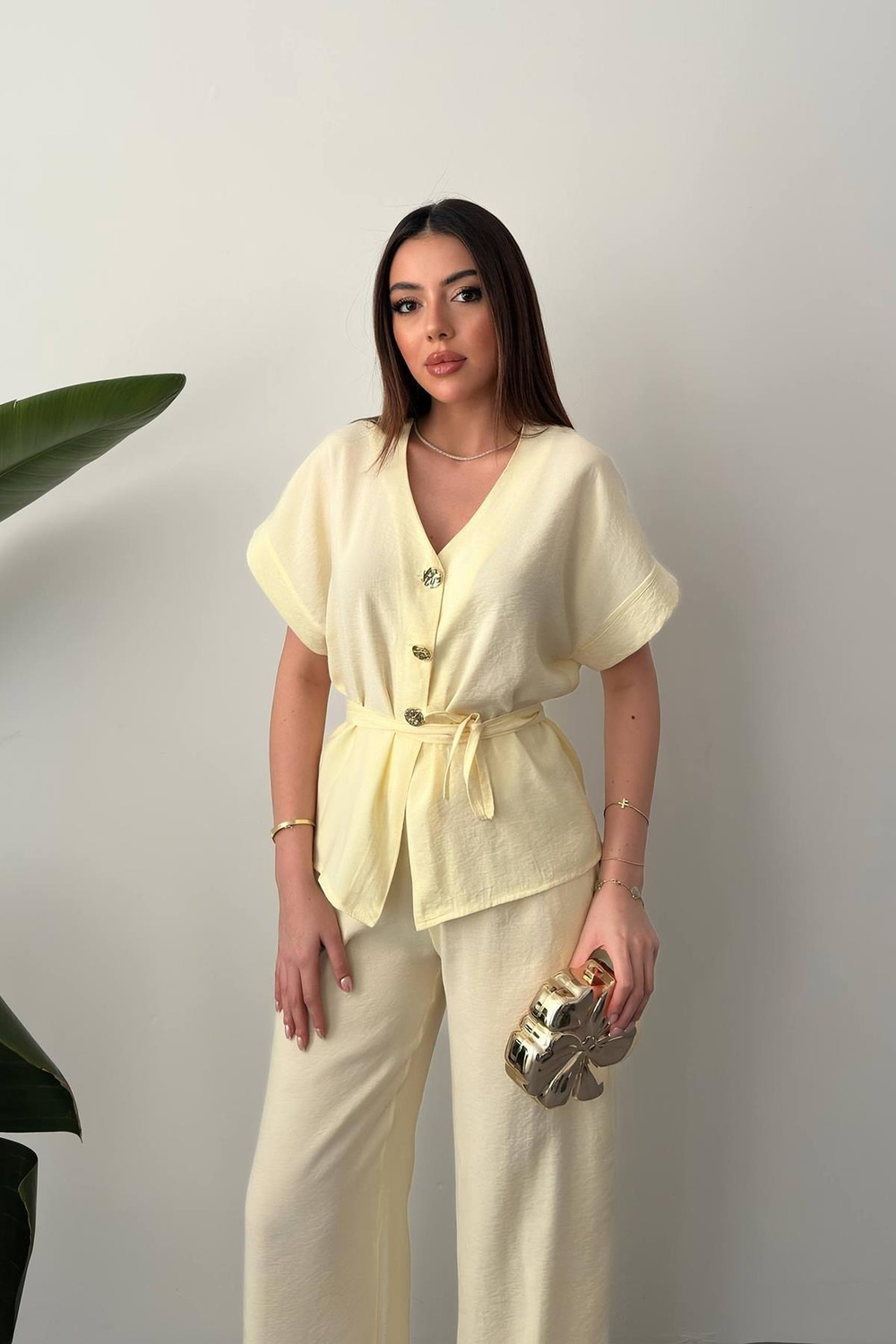 Wholesale Yellow Modal Two-Piece Set with Gold Buttons and Matching Belt
