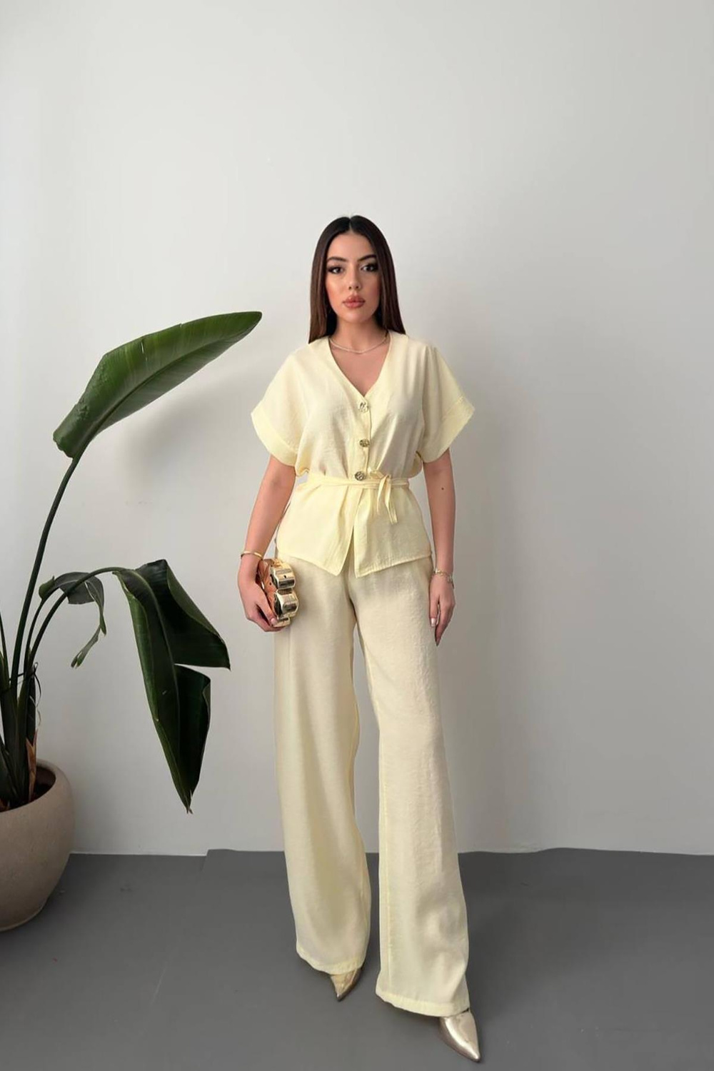 Wholesale Yellow Modal Two-Piece Set with Gold Buttons and Matching Belt