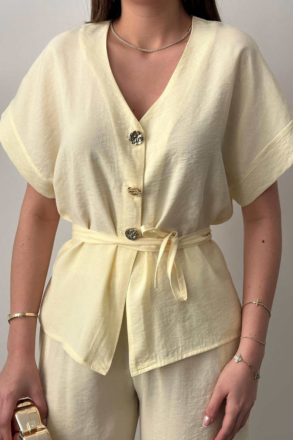 Wholesale Yellow Modal Two-Piece Set with Gold Buttons and Matching Belt