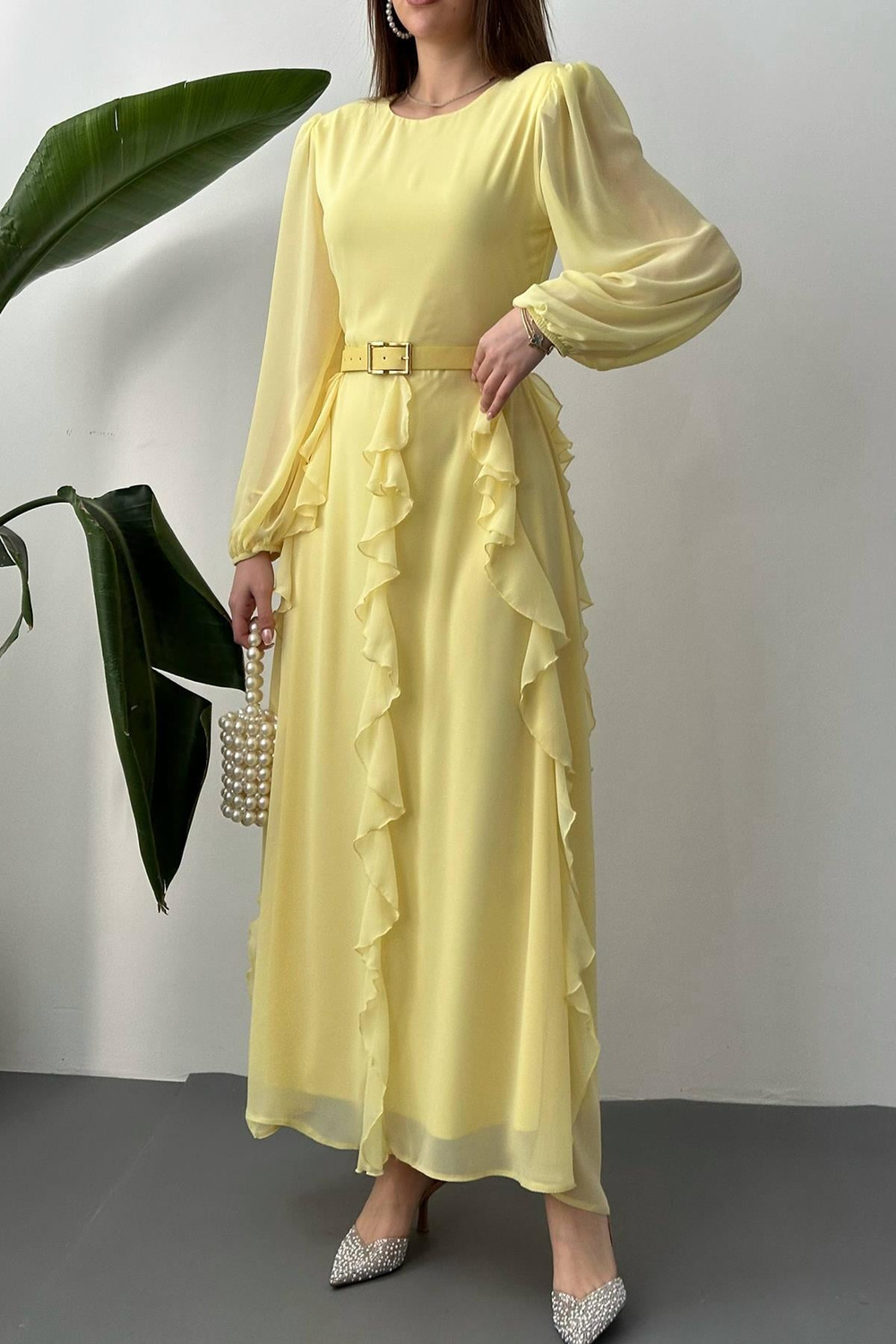 Wholesale Yellow Belted Chiffon Dress