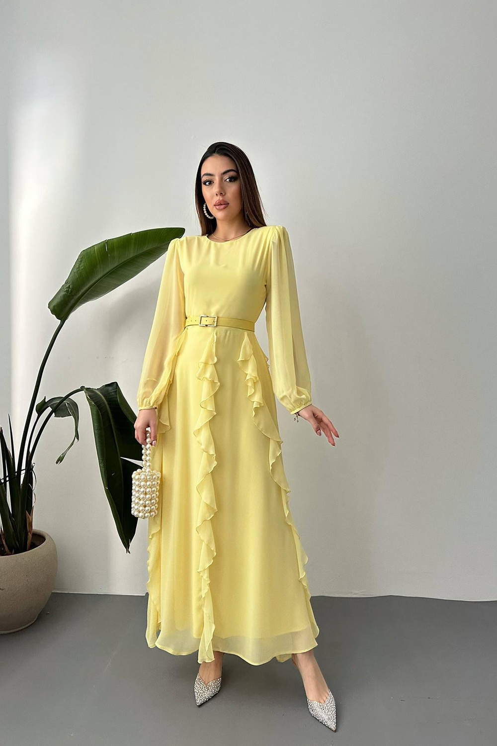 Wholesale Yellow Belted Chiffon Dress