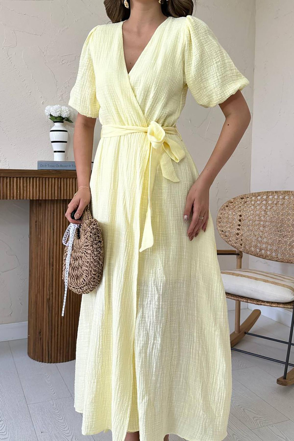 Wholesale Yellow Double-Breasted Muslin Linen Dress