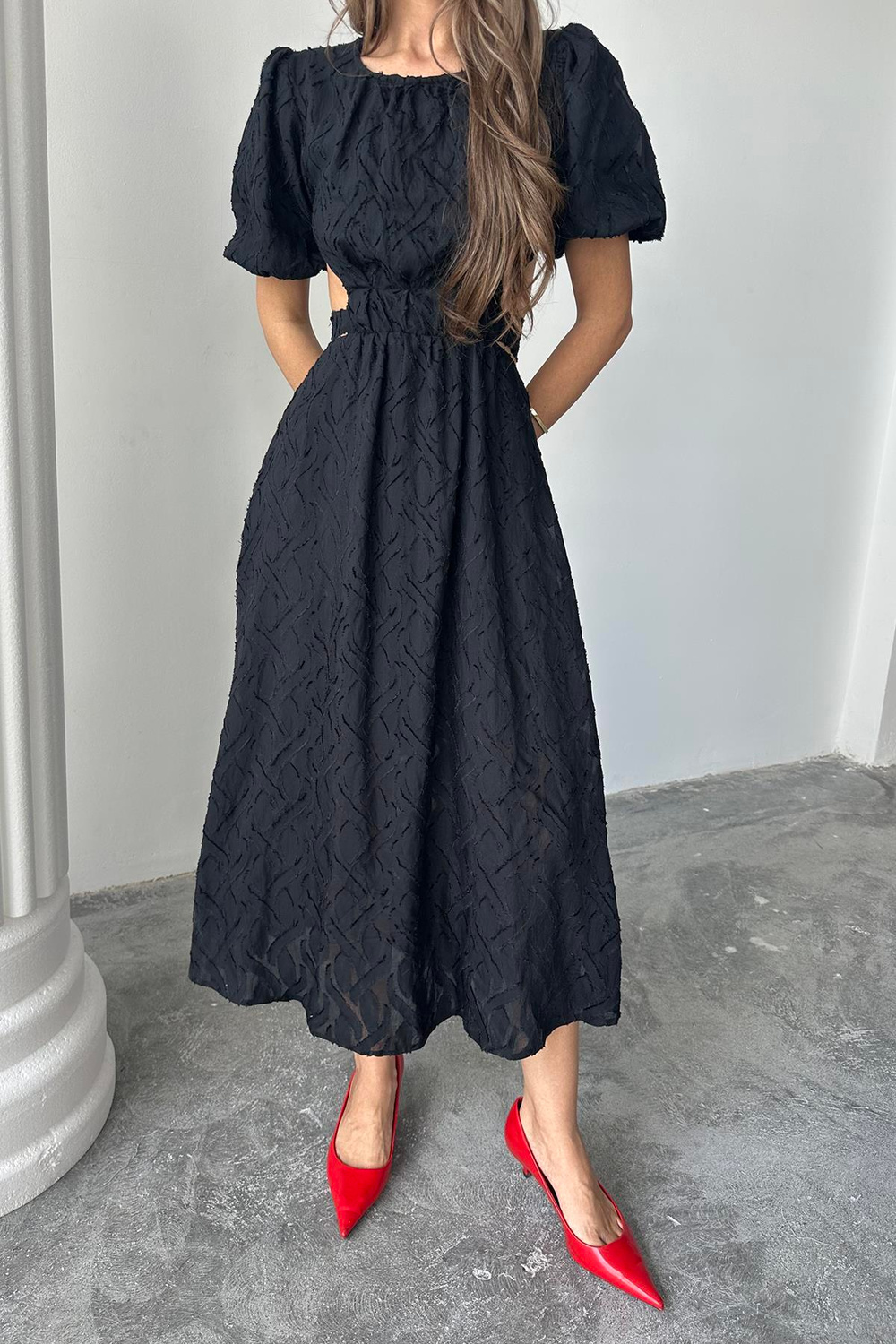 Wholesale Black Balloon Sleeve Belted Dress