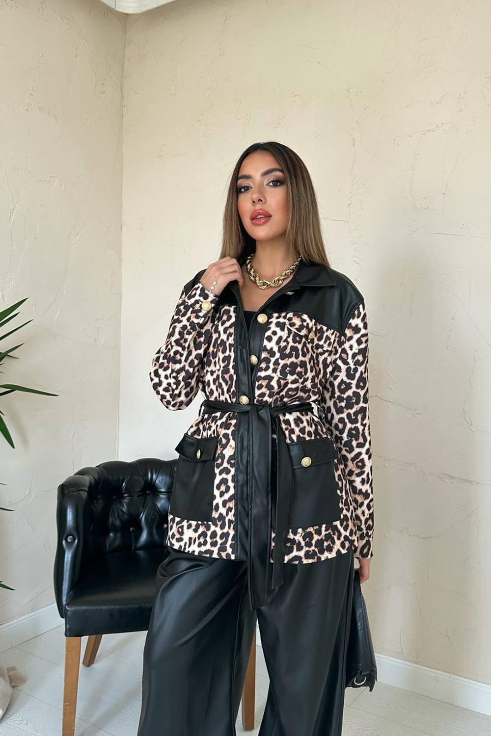 Wholesale Black Leopard Leather Suit
