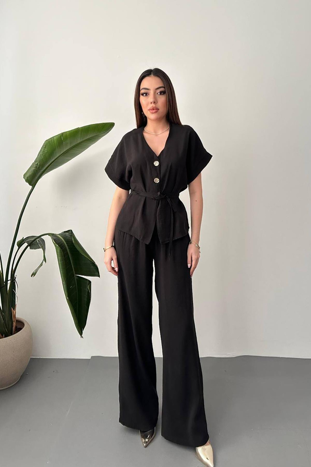 Wholesale Black Modal Two-Piece Set with Gold Buttons and Matching Belt