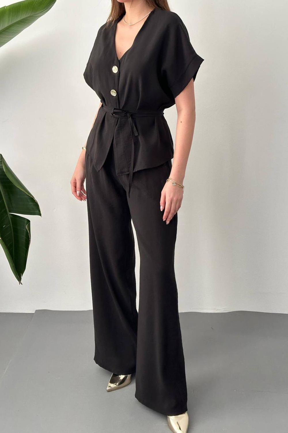Wholesale Black Modal Two-Piece Set with Gold Buttons and Matching Belt